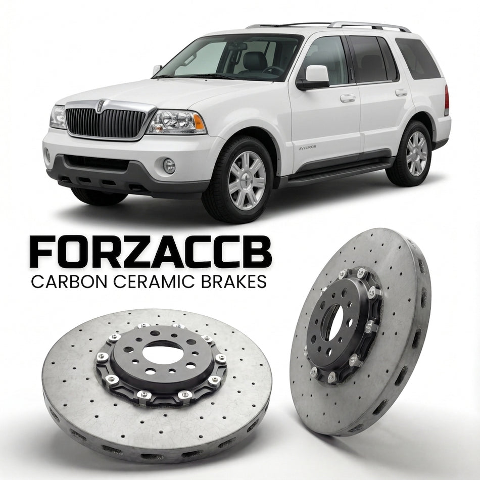ForzaCCB direct OEM replacement carbon ceramic brake rotors for 2005 to 2005 Lincoln Aviator models, shown with a white Lincoln Aviator car.