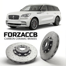 ForzaCCB direct OEM replacement carbon ceramic brake rotors for 2019 to 2024 Lincoln Aviator II models, shown with a white Lincoln Aviator car.