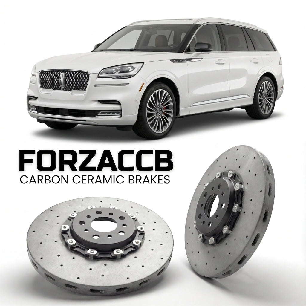 ForzaCCB direct OEM replacement carbon ceramic brake rotors for 2019 to 2024 Lincoln Aviator II models, shown with a white Lincoln Aviator car.