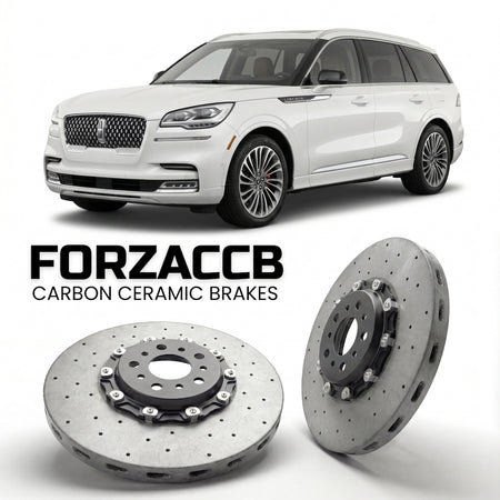 ForzaCCB direct OEM replacement carbon ceramic brake rotors for 2019 to 2024 Lincoln Aviator II models, shown with a white Lincoln Aviator car.