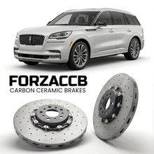 ForzaCCB direct OEM replacement carbon ceramic brake rotors for 2024+) Lincoln Aviator II (facelift 2024 models, shown with a white Lincoln Aviator car.