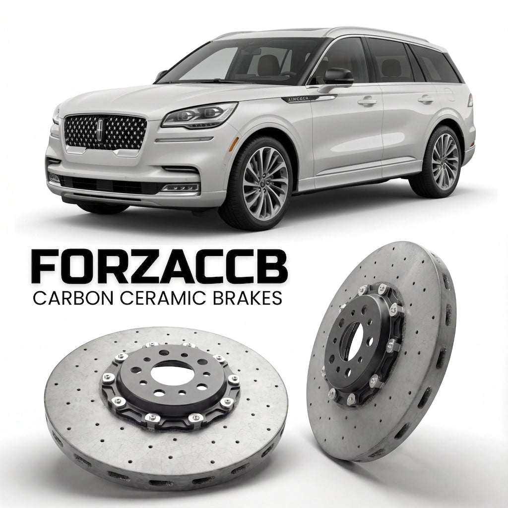 ForzaCCB direct OEM replacement carbon ceramic brake rotors for 2024+) Lincoln Aviator II (facelift 2024 models, shown with a white Lincoln Aviator car.