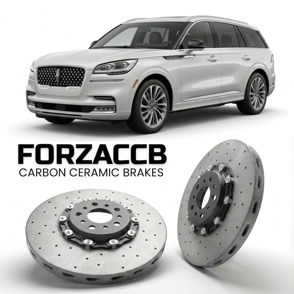 ForzaCCB direct OEM replacement carbon ceramic brake rotors for 2024+) Lincoln Aviator II (facelift 2024 models, shown with a white Lincoln Aviator car.