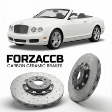 ForzaCCB direct OEM replacement carbon ceramic brake rotors for 2005 to 2005 Bentley Azure models, shown with a white Bentley Azure car.