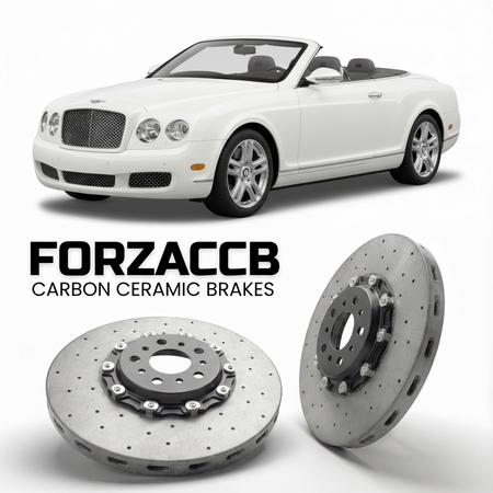 ForzaCCB direct OEM replacement carbon ceramic brake rotors for 2005 to 2005 Bentley Azure models, shown with a white Bentley Azure car.