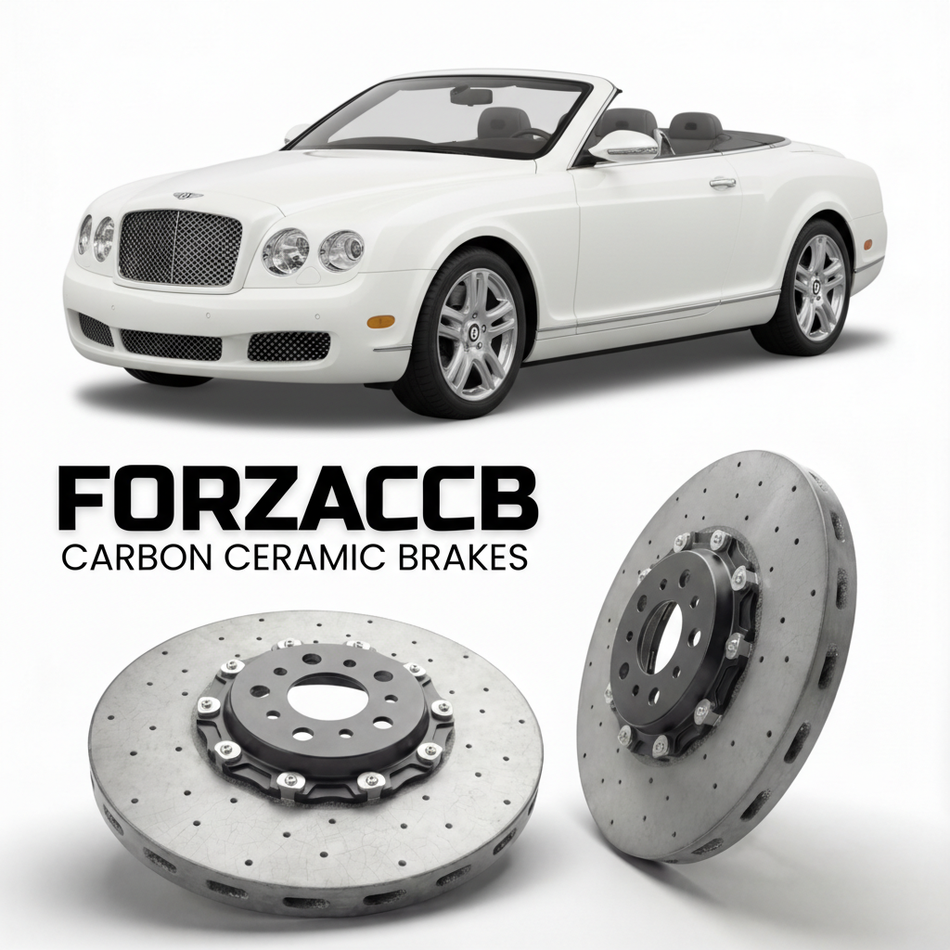 ForzaCCB direct OEM replacement carbon ceramic brake rotors for 2005 to 2005 Bentley Azure models, shown with a white Bentley Azure car.