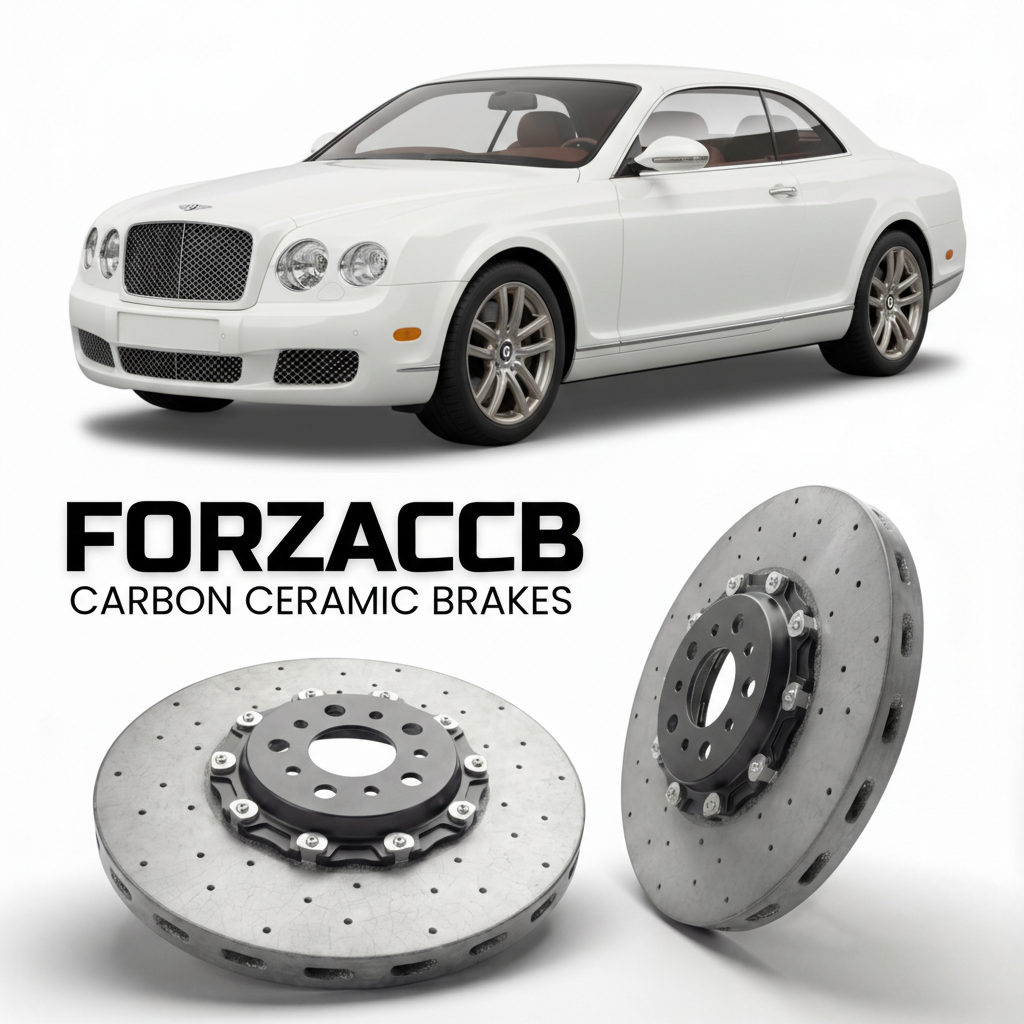 ForzaCCB direct OEM replacement carbon ceramic brake rotors for 2005 to 2009 Bentley Azure II models, shown with a white Bentley Azure car.