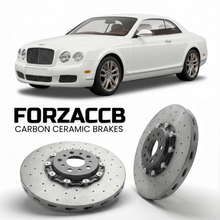 ForzaCCB direct OEM replacement carbon ceramic brake rotors for 2005 to 2009 Bentley Azure II models, shown with a white Bentley Azure car.