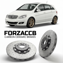ForzaCCB direct OEM replacement carbon ceramic brake rotors for 2005 to 2011 Mercedes-Benz B-Class W245 models, shown with a white Mercedes-Benz B-Class car.