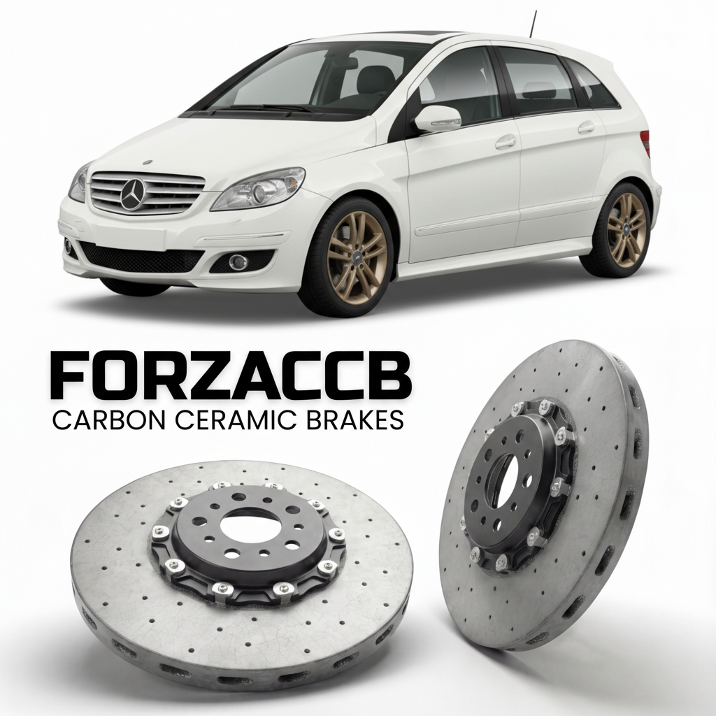 ForzaCCB direct OEM replacement carbon ceramic brake rotors for 2005 to 2011 Mercedes-Benz B-Class W245 models, shown with a white Mercedes-Benz B-Class car.