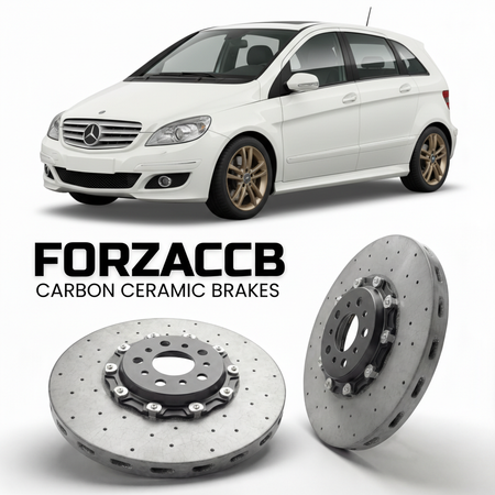 ForzaCCB direct OEM replacement carbon ceramic brake rotors for 2005 to 2011 Mercedes-Benz B-Class W245 models, shown with a white Mercedes-Benz B-Class car.
