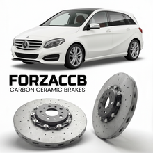 ForzaCCB direct OEM replacement carbon ceramic brake rotors for 2011 to 2018 Mercedes-Benz B-Class W246 models, shown with a white Mercedes-Benz B-Class car.