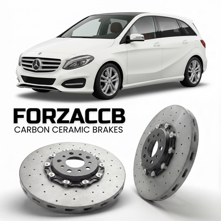 ForzaCCB direct OEM replacement carbon ceramic brake rotors for 2011 to 2018 Mercedes-Benz B-Class W246 models, shown with a white Mercedes-Benz B-Class car.