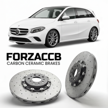 ForzaCCB direct OEM replacement carbon ceramic brake rotors for 2019- Mercedes-Benz B-Class W247 models, shown with a white Mercedes-Benz B-Class car.