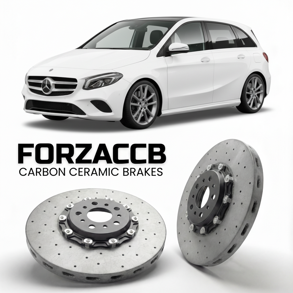 ForzaCCB direct OEM replacement carbon ceramic brake rotors for 2019- Mercedes-Benz B-Class W247 models, shown with a white Mercedes-Benz B-Class car.