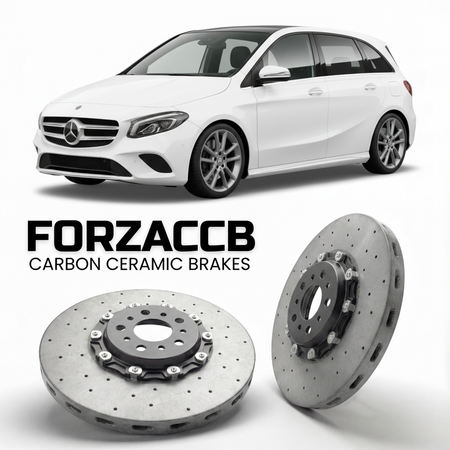 ForzaCCB direct OEM replacement carbon ceramic brake rotors for 2019- Mercedes-Benz B-Class W247 models, shown with a white Mercedes-Benz B-Class car.