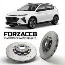 ForzaCCB direct OEM replacement carbon ceramic brake rotors for 2021 to 2026 Hyundai Bayon models, shown with a white Hyundai Bayon car.