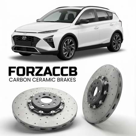 ForzaCCB direct OEM replacement carbon ceramic brake rotors for 2021 to 2026 Hyundai Bayon models, shown with a white Hyundai Bayon car.