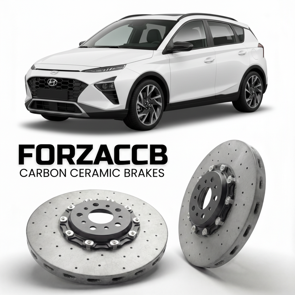 ForzaCCB direct OEM replacement carbon ceramic brake rotors for 2021 to 2026 Hyundai Bayon models, shown with a white Hyundai Bayon car.