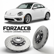 ForzaCCB direct OEM replacement carbon ceramic brake rotors for 2011 to 2019 Volkswagen Beetle A5/5C models, shown with a white Volkswagen Beetle car.