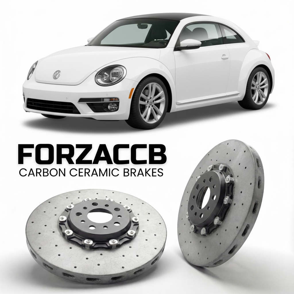 ForzaCCB direct OEM replacement carbon ceramic brake rotors for 2011 to 2019 Volkswagen Beetle A5/5C models, shown with a white Volkswagen Beetle car.
