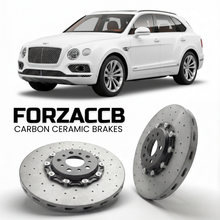 ForzaCCB direct OEM replacement carbon ceramic brake rotors for 2016 to 2020 Bentley Bentayga models, shown with a white Bentley Bentayga car.