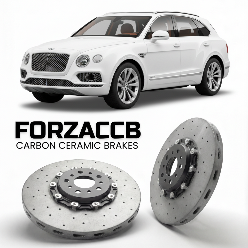 ForzaCCB direct OEM replacement carbon ceramic brake rotors for 2016 to 2020 Bentley Bentayga models, shown with a white Bentley Bentayga car.