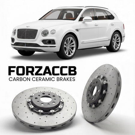 ForzaCCB direct OEM replacement carbon ceramic brake rotors for 2016 to 2020 Bentley Bentayga models, shown with a white Bentley Bentayga car.