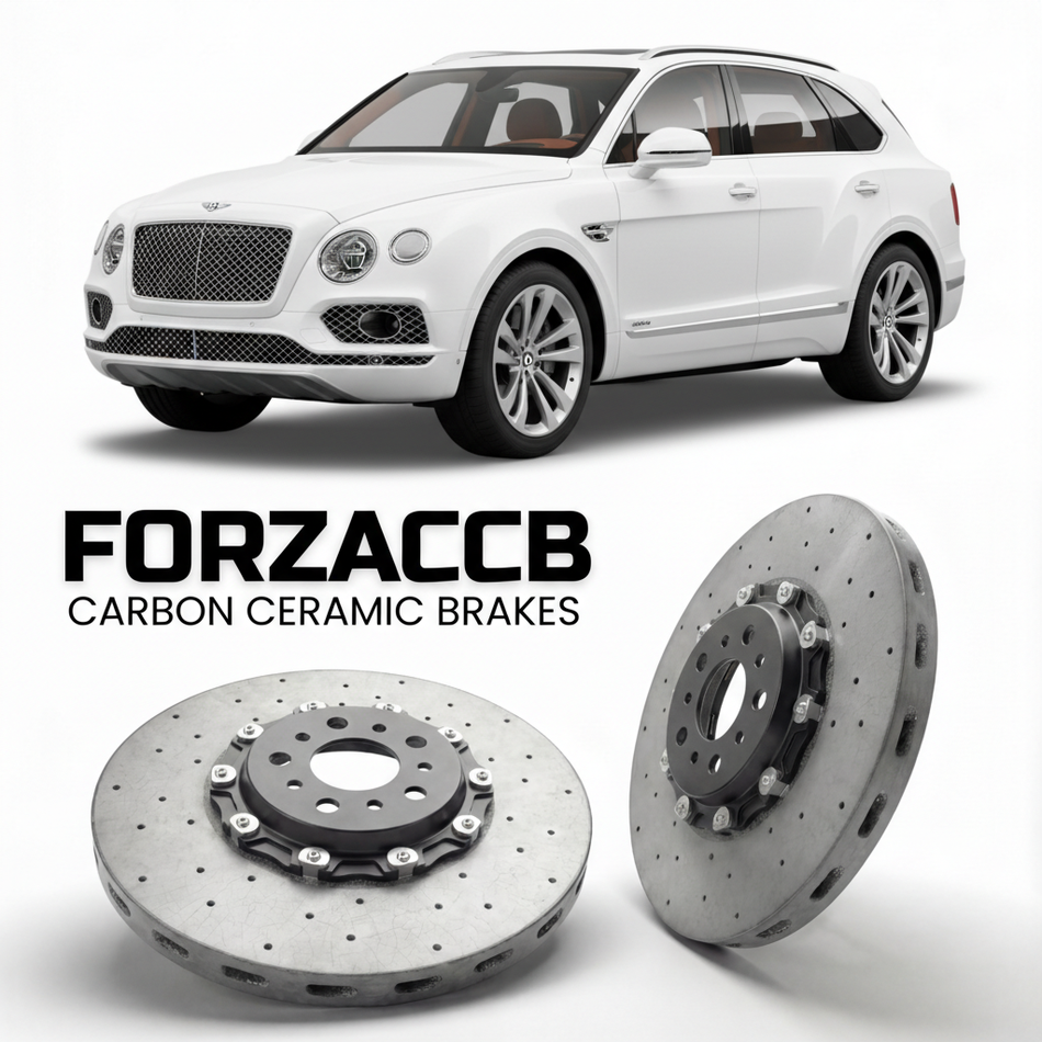 ForzaCCB direct OEM replacement carbon ceramic brake rotors for 2016 to 2020 Bentley Bentayga models, shown with a white Bentley Bentayga car.