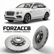 ForzaCCB direct OEM replacement carbon ceramic brake rotors for 2020 and newer Bentley Bentayga facelift 2020 models, shown with a white Bentley Bentayga car.