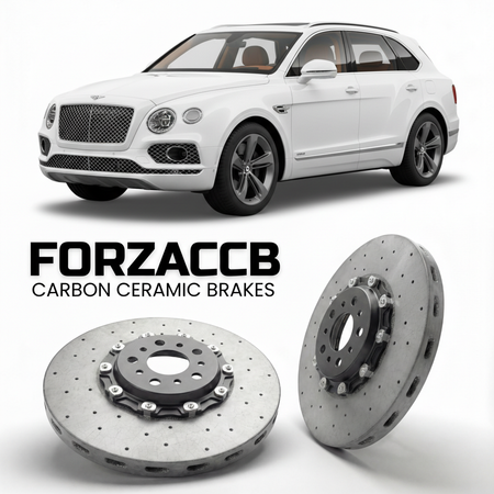 ForzaCCB direct OEM replacement carbon ceramic brake rotors for 2020 and newer Bentley Bentayga facelift 2020 models, shown with a white Bentley Bentayga car.