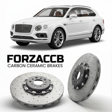 ForzaCCB direct OEM replacement carbon ceramic brake rotors for 2022 and newer Bentley Bentayga EWB models, shown with a white Bentley Bentayga car.