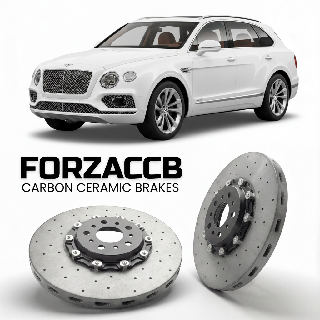 ForzaCCB direct OEM replacement carbon ceramic brake rotors for 2022 and newer Bentley Bentayga EWB models, shown with a white Bentley Bentayga car.
