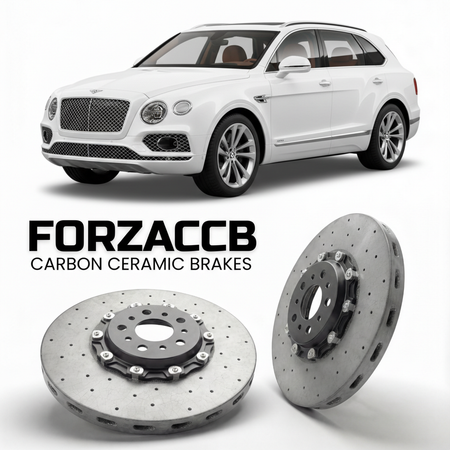 ForzaCCB direct OEM replacement carbon ceramic brake rotors for 2022 and newer Bentley Bentayga EWB models, shown with a white Bentley Bentayga car.