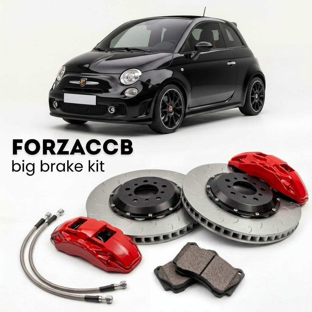 Black Abarth 500 (2008-2015) shown above a ForzaCCB iron rotor big brake kit with 2x red 6-piston front calipers, 2x two-piece floating ventilated brake discs 380 mm, set of brake pads, and brake lines.