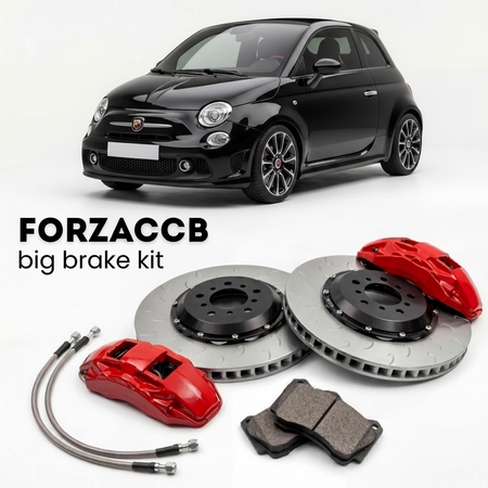 Black Abarth 500 Abarth 500C (2010-2014) shown above a ForzaCCB iron rotor big brake kit with 2x red 6-piston front calipers, 2x two-piece floating ventilated brake discs 380 mm, set of brake pads, and brake lines.