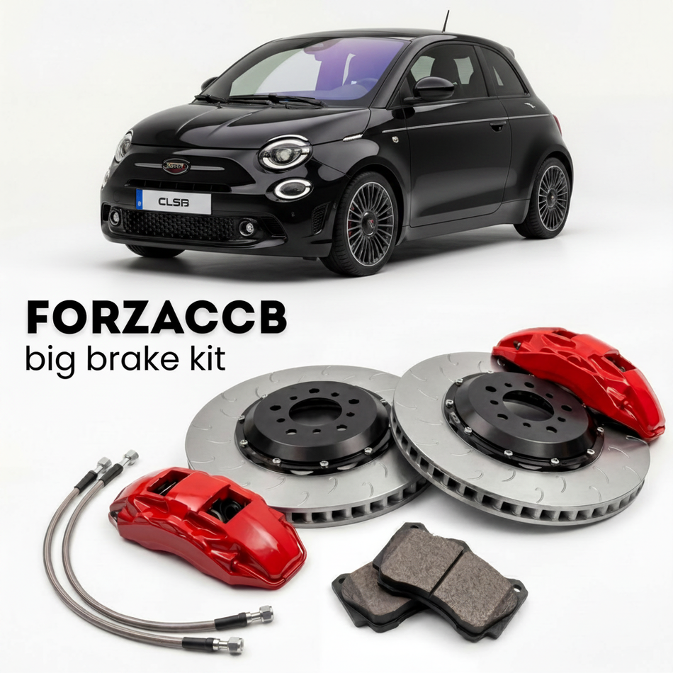 Black Abarth 500 Abarth 500e (2023+) shown above a ForzaCCB iron rotor big brake kit with 2x red 6-piston front calipers, 2x two-piece floating ventilated brake discs 380 mm, set of brake pads, and brake lines.