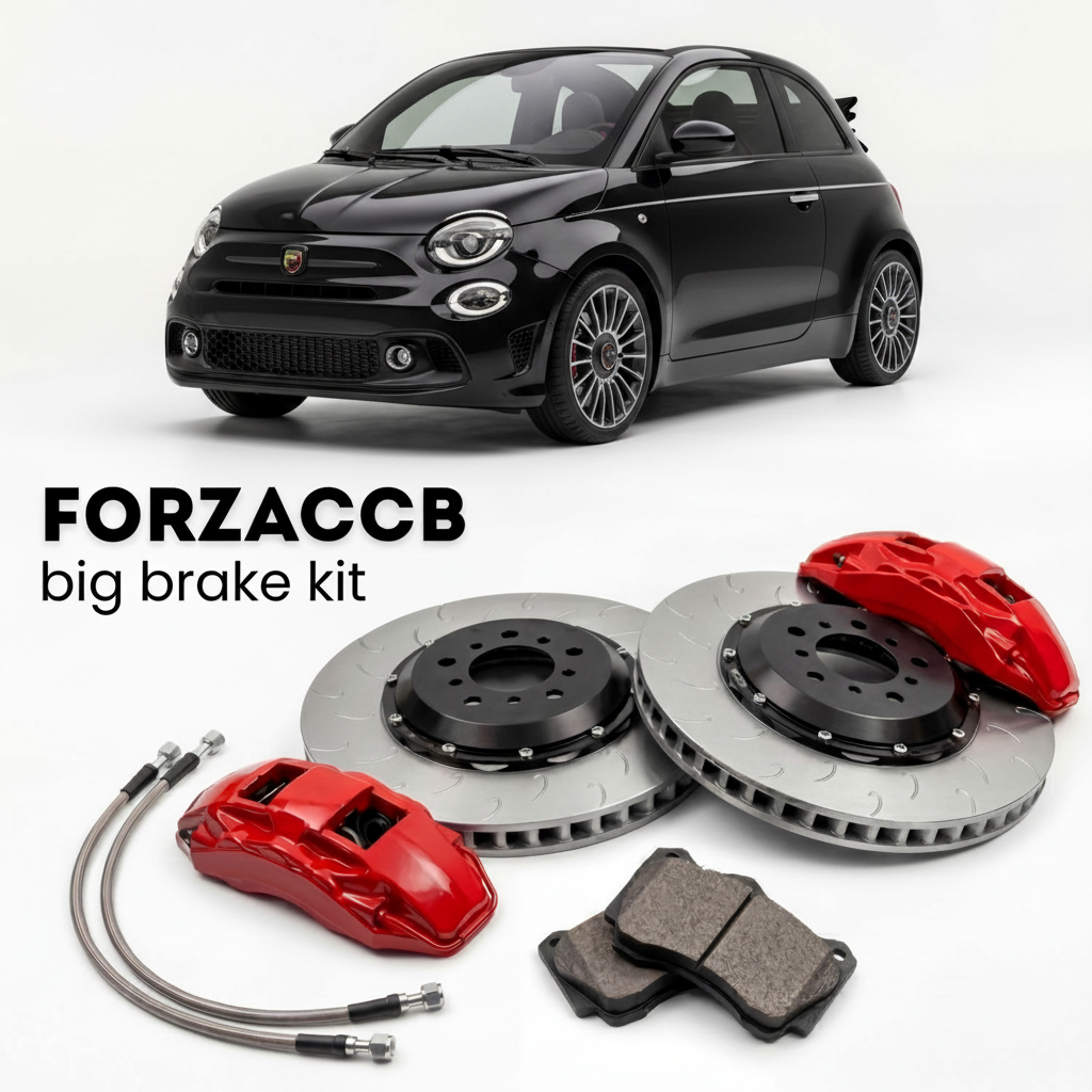 Black Abarth 500 Abarth 500e Cabriolet (2023+) shown above a ForzaCCB iron rotor big brake kit with 2x red 6-piston front calipers, 2x two-piece floating ventilated brake discs 380 mm, set of brake pads, and brake lines.