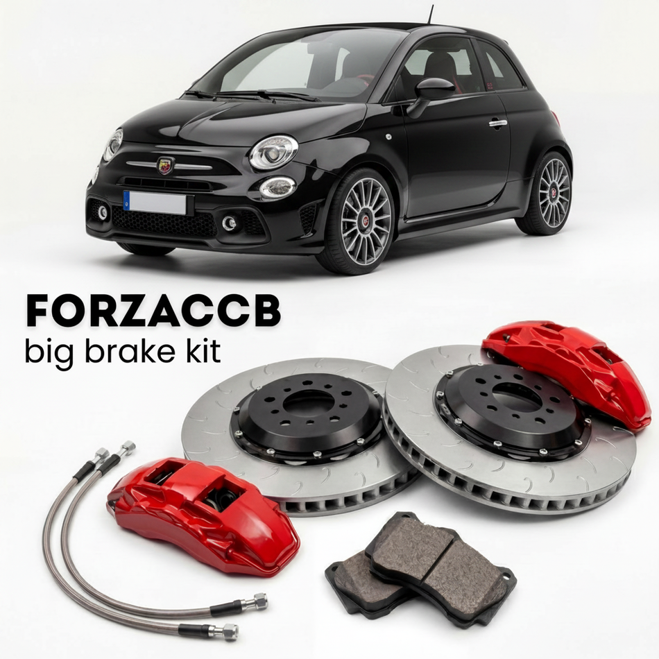 Black Abarth 595 (2012-2016) shown above a ForzaCCB iron rotor big brake kit with 2x red 6-piston front calipers, 2x two-piece floating ventilated brake discs 380 mm, set of brake pads, and brake lines.