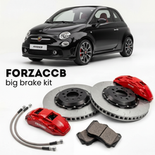 Black Abarth 595 Abarth 595C (2012-2016) shown above a ForzaCCB iron rotor big brake kit with 2x red 6-piston front calipers, 2x two-piece floating ventilated brake discs 380 mm, set of brake pads, and brake lines.