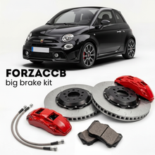 Black Abarth 595 facelift 2016) (2016+ (Abarth 595C) shown above a ForzaCCB iron rotor big brake kit with 2x red 6-piston front calipers, 2x two-piece floating ventilated brake discs 380 mm, set of brake pads, and brake lines.
