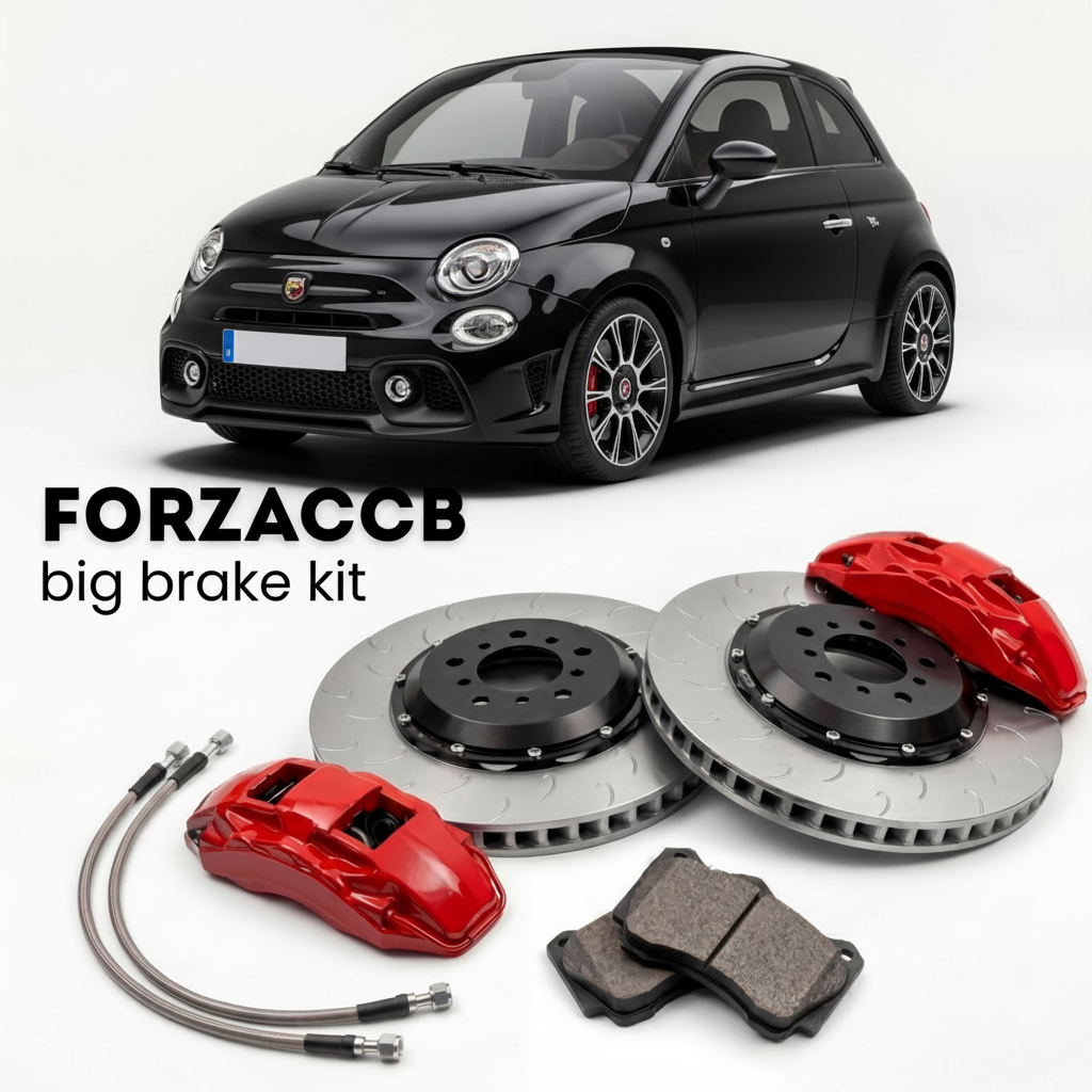 Black Abarth 595 facelift 2016) (2016+ (Abarth 595C) shown above a ForzaCCB iron rotor big brake kit with 2x red 6-piston front calipers, 2x two-piece floating ventilated brake discs 380 mm, set of brake pads, and brake lines.