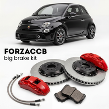 Black Abarth 595 facelift 2016 (2016+) shown above a ForzaCCB iron rotor big brake kit with 2x red 6-piston front calipers, 2x two-piece floating ventilated brake discs 380 mm, set of brake pads, and brake lines.