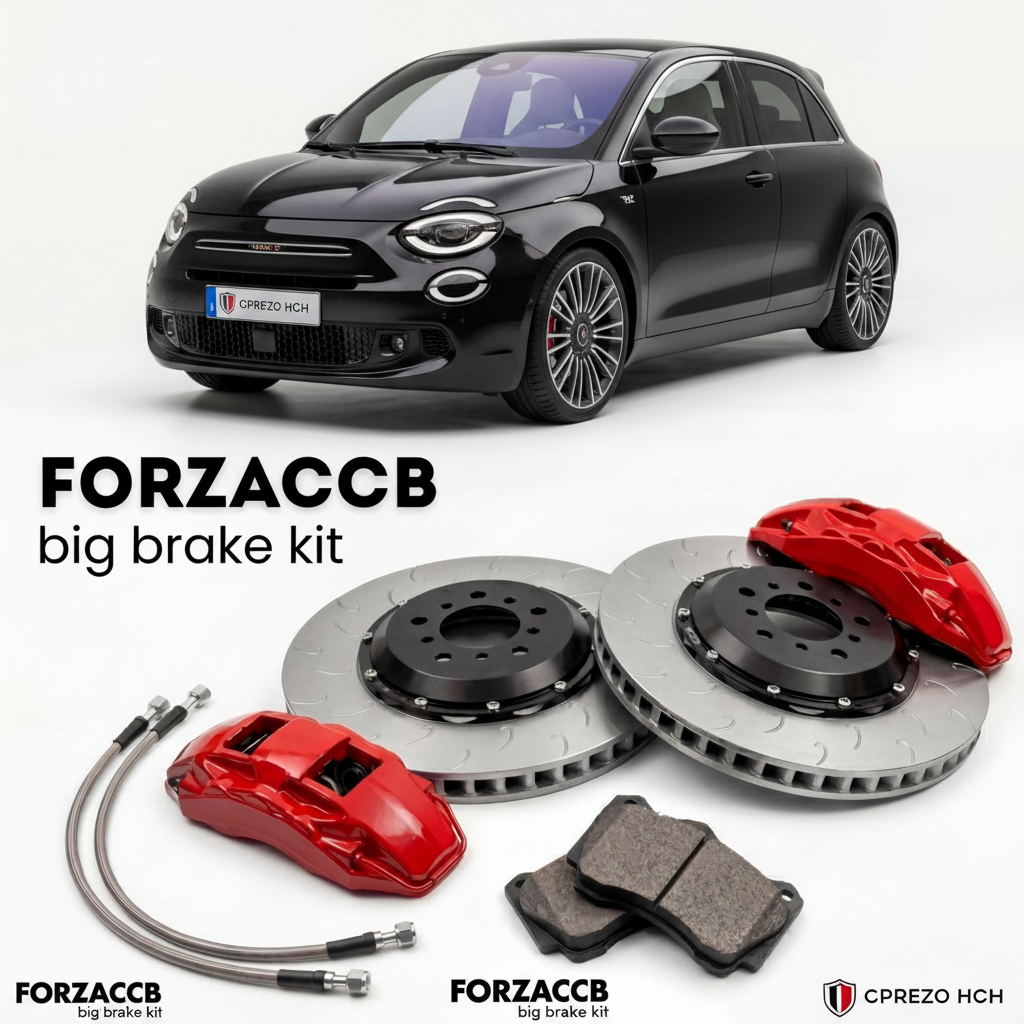Black Abarth 600 Abarth 600e (2024+) shown above a ForzaCCB iron rotor big brake kit with 2x red 6-piston front calipers, 2x two-piece floating ventilated brake discs 380 mm, set of brake pads, and brake lines.