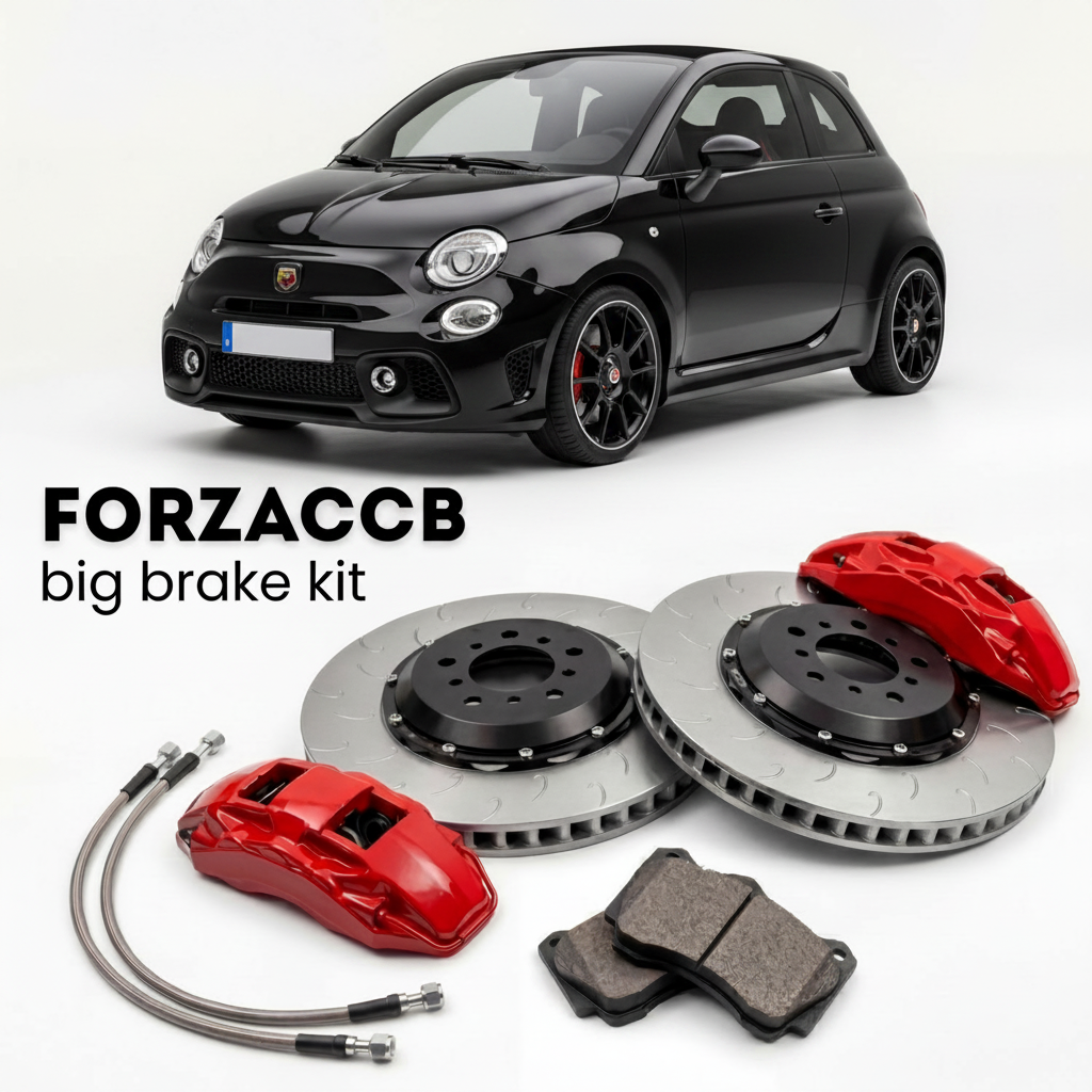 Black Abarth 695 (2014+) shown above a ForzaCCB iron rotor big brake kit with 2x red 6-piston front calipers, 2x two-piece floating ventilated brake discs 380 mm, set of brake pads, and brake lines.