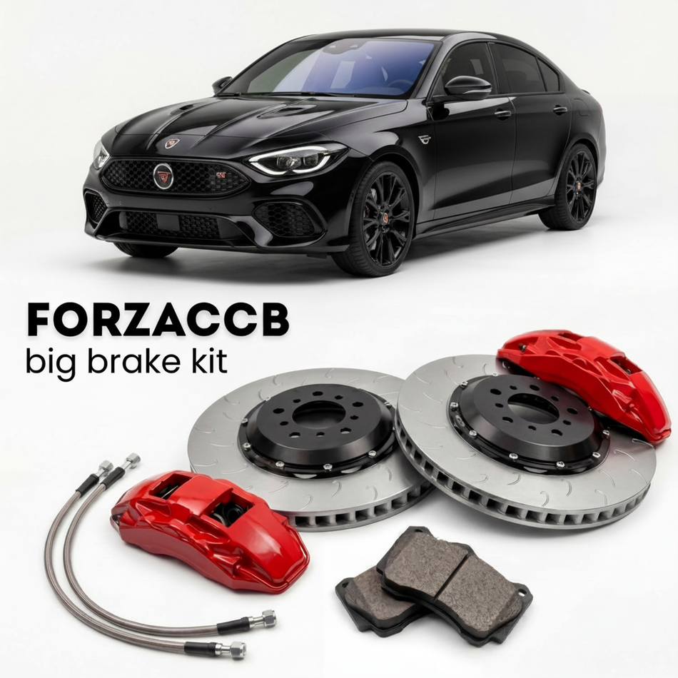 Black Abarth Fastback (2023+) shown above a ForzaCCB iron rotor big brake kit with 2x red 6-piston front calipers, 2x two-piece floating ventilated brake discs 380 mm, set of brake pads, and brake lines.