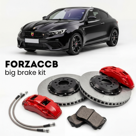 Black Abarth Pulse (2022+) shown above a ForzaCCB iron rotor big brake kit with 2x red 6-piston front calipers, 2x two-piece floating ventilated brake discs 380 mm, set of brake pads, and brake lines.
