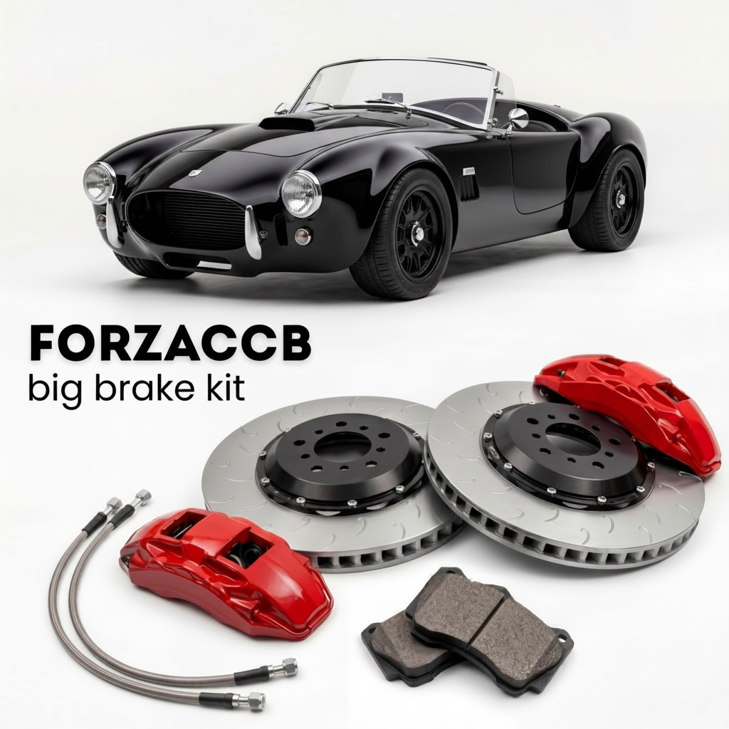 Black AC Cars AC Cobra GT Roadster modern AC Cars era (2023-2026) shown above a ForzaCCB iron rotor big brake kit with 2x red 6-piston front calipers, 2x two-piece floating ventilated brake discs 380 mm, set of brake pads, and brake lines.