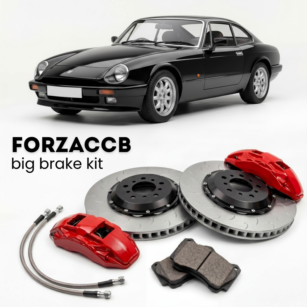 Black AC Cars AC CRS AC Car Group era (1997-2001) shown above a ForzaCCB iron rotor big brake kit with 2x red 6-piston front calipers, 2x two-piece floating ventilated brake discs 380 mm, set of brake pads, and brake lines.