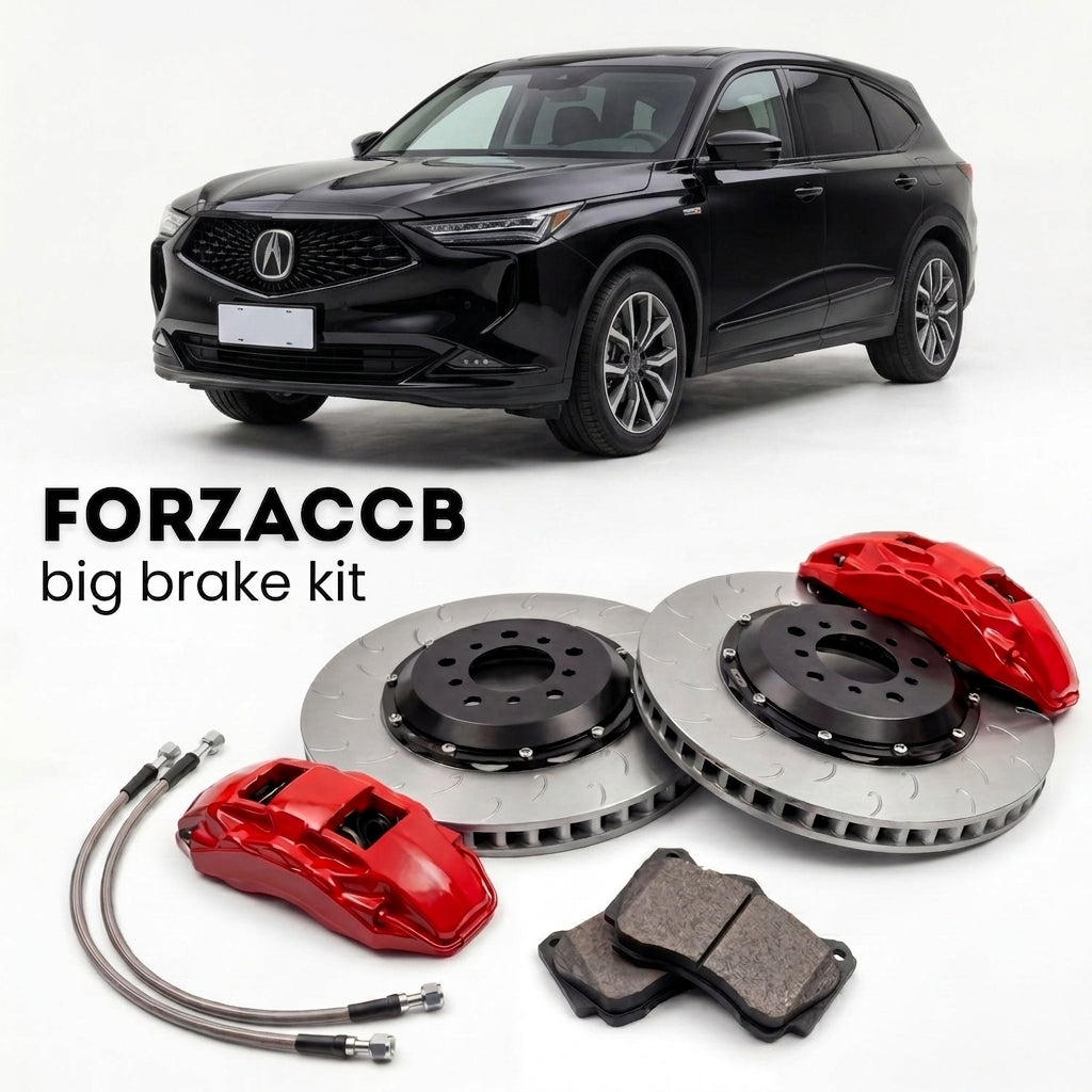 Black Acura MDX Type S YD8/YD9/YE1 (2022+) shown above a ForzaCCB iron rotor big brake kit with 2x red 6-piston front calipers, 2x two-piece floating ventilated brake discs 380 mm, set of brake pads, and brake lines.